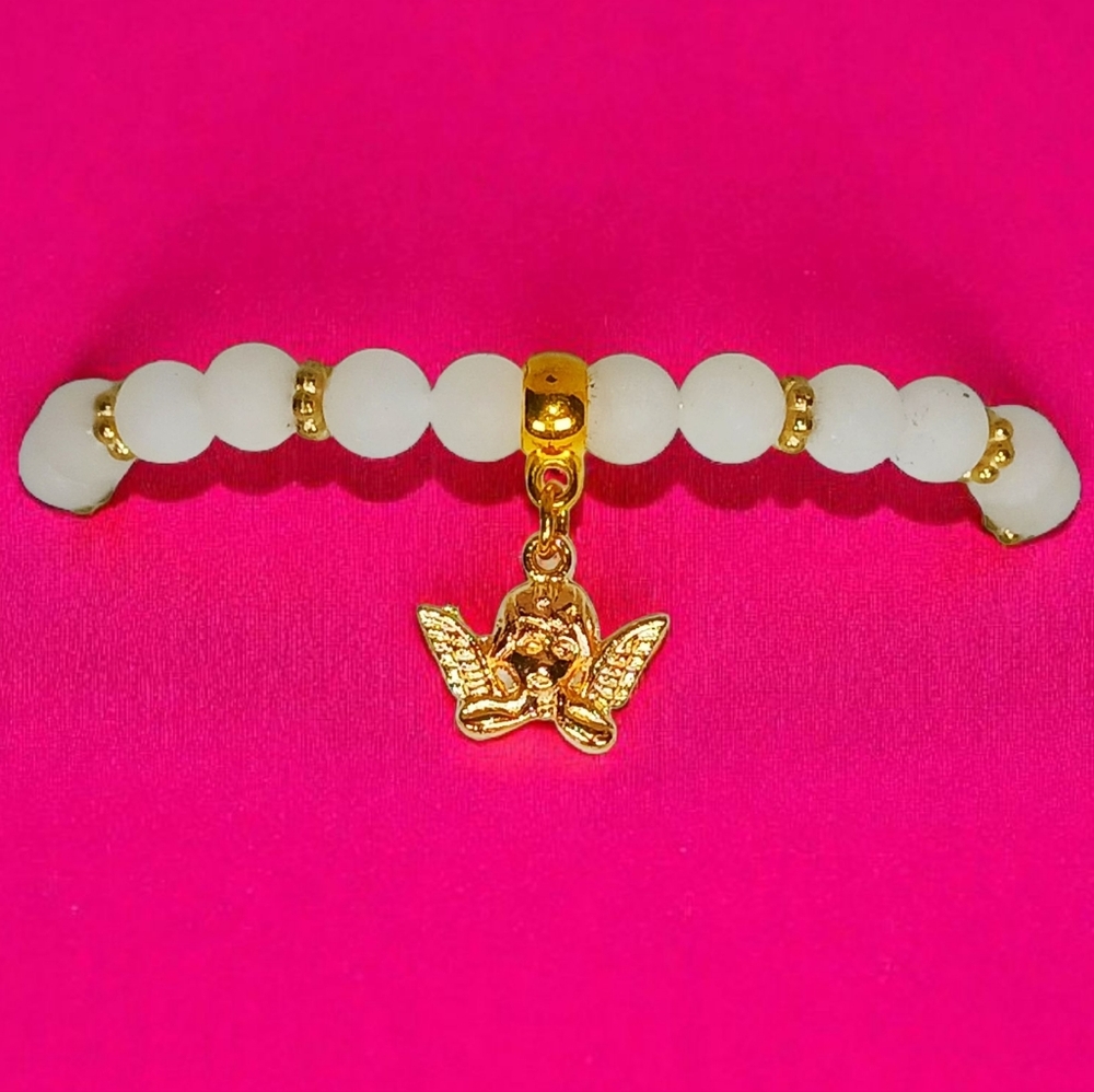 Beaded White Jade Gold Angel Charm Bracelet Angelcore Y2k Revival Street 2000s
